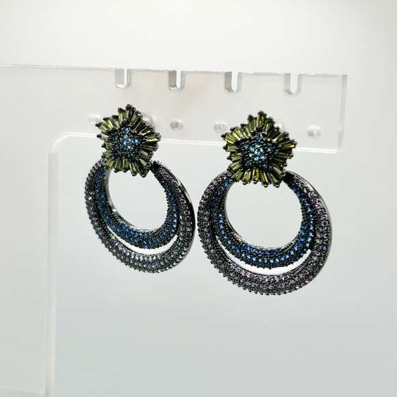 Statement Gunmetal & Blue Rhinestone Hoop Earrings with Floral Top - Picture 6 of 8